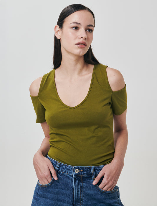 T-Shirt Scollo a V con Apertura - Verde abete