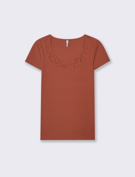 T-shirt manica corta con scollo incrociato - Cognac