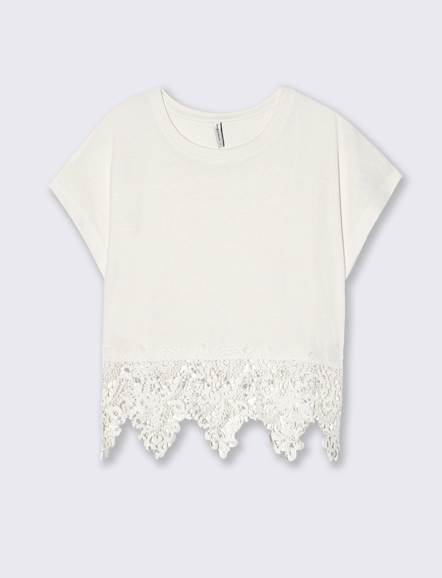 T-Shirt in Cotone con Pizzo al Fondo - Avorio
