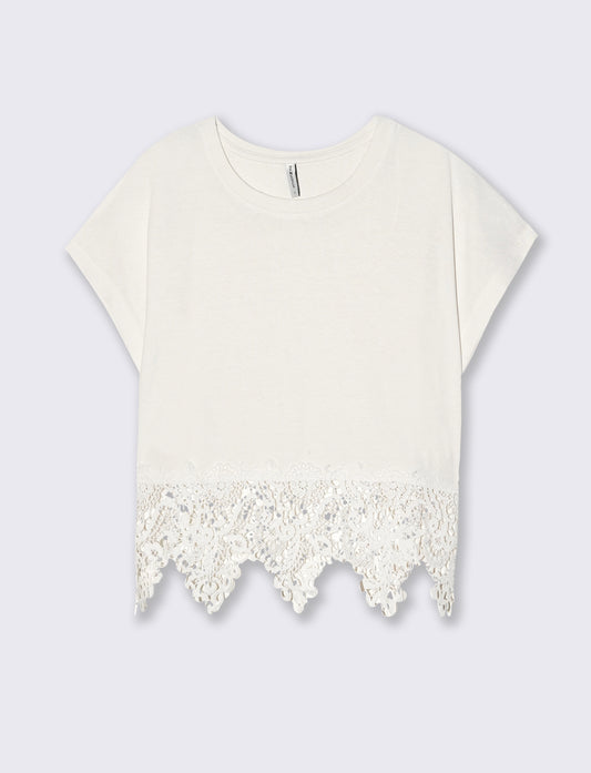 T-Shirt in Cotone con Pizzo al Fondo - Avorio