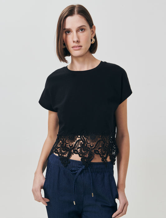 T-Shirt in Cotone con Pizzo al Fondo - Nero