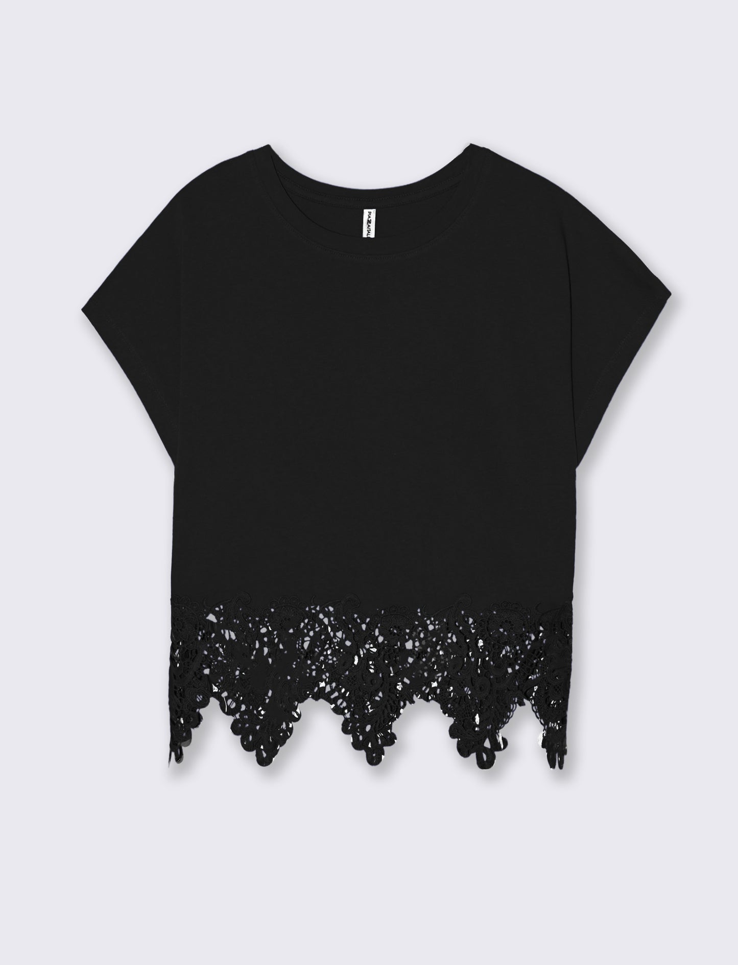 T-Shirt in Cotone con Pizzo al Fondo - Nero
