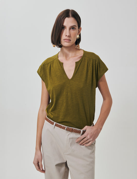 T-Shirt Mezza Manica Scollo Serafino - Verde abete