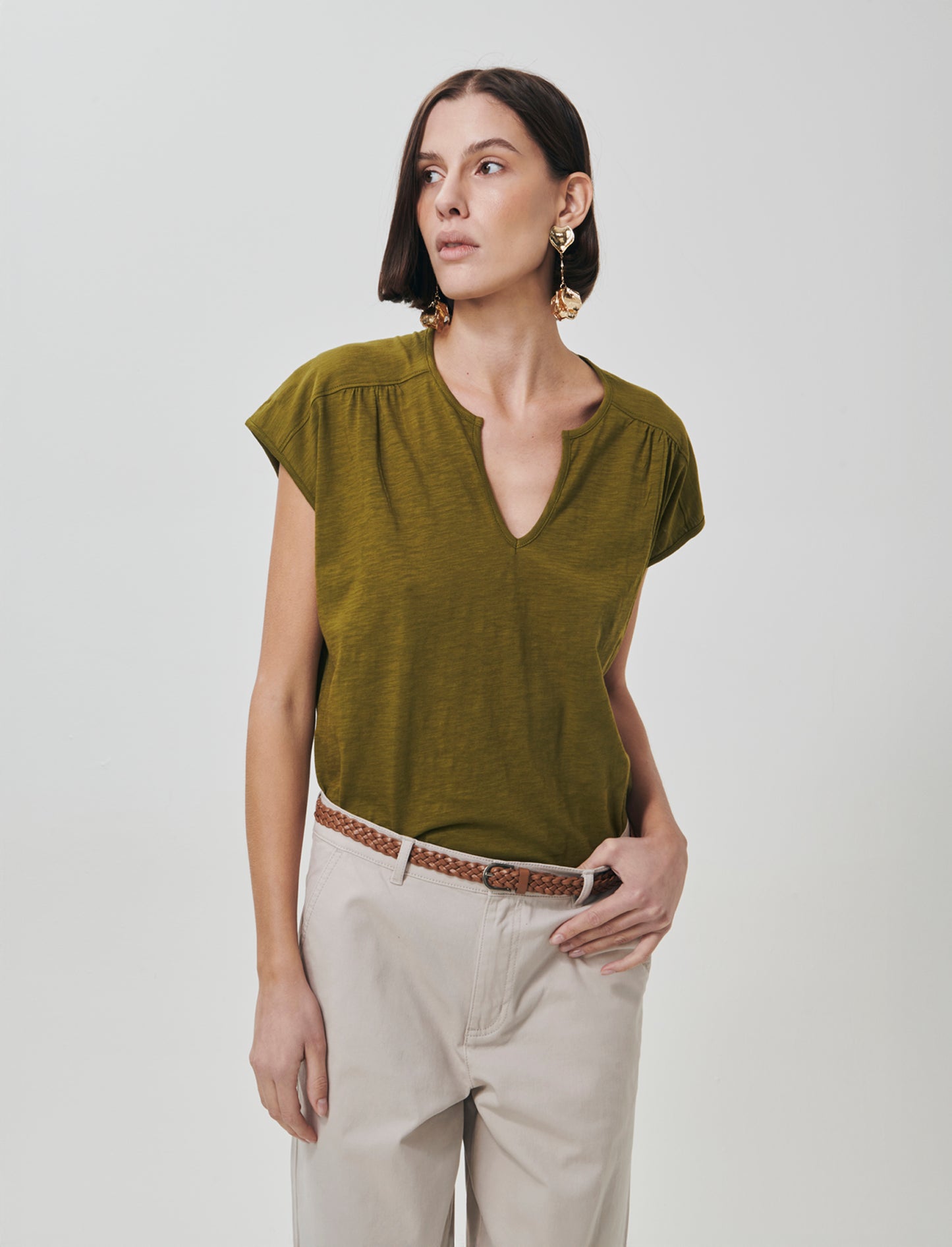T-Shirt Mezza Manica Scollo Serafino - Verde abete