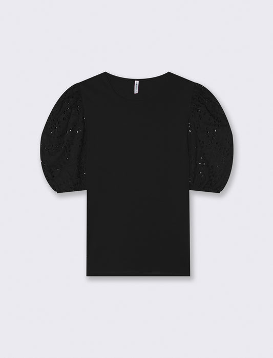 T-shirt in cotone con maniche in pizzo - Nero