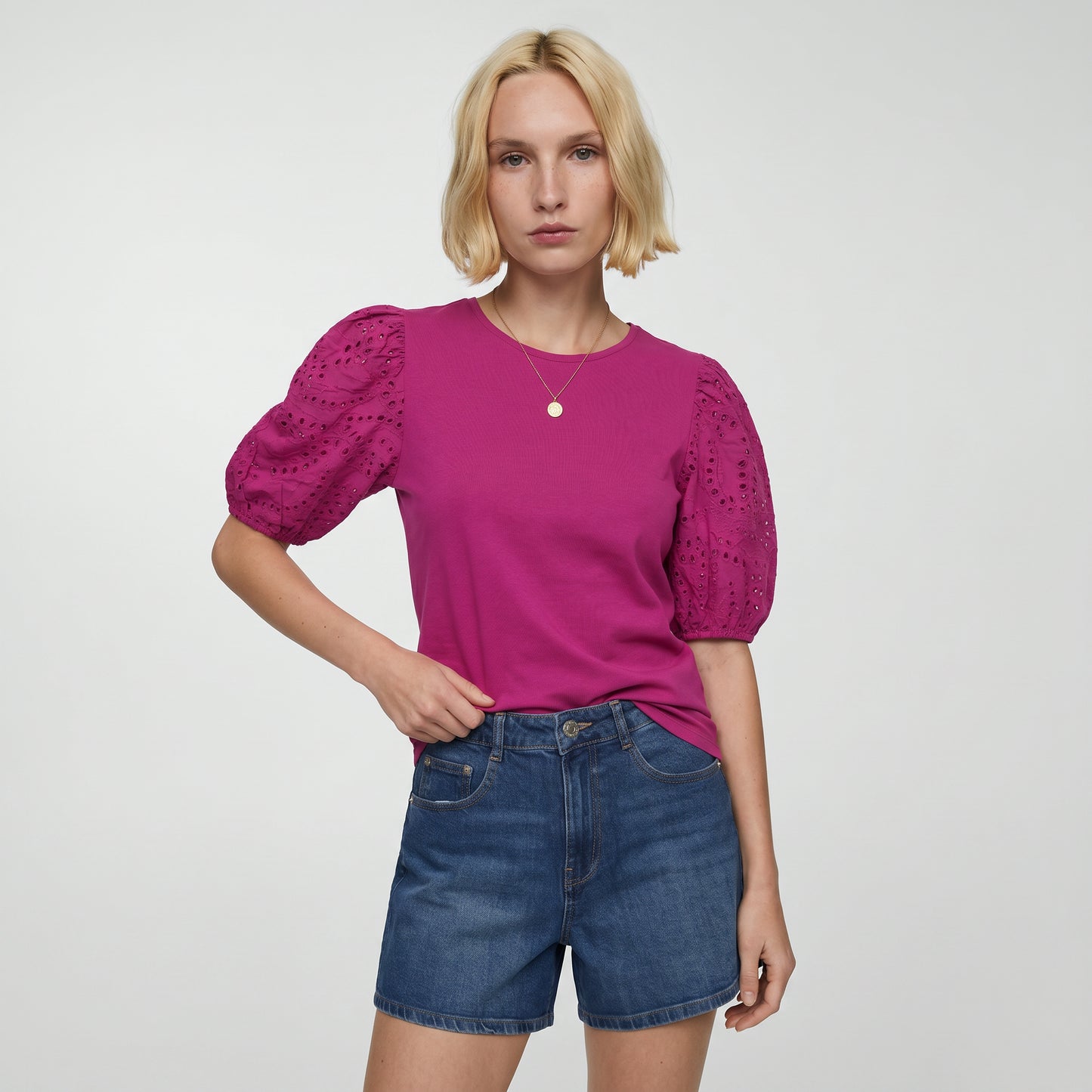 T-shirt in cotone con maniche in pizzo - Fuxia