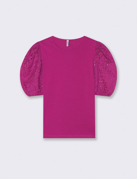 T-shirt in cotone con maniche in pizzo - Fuxia