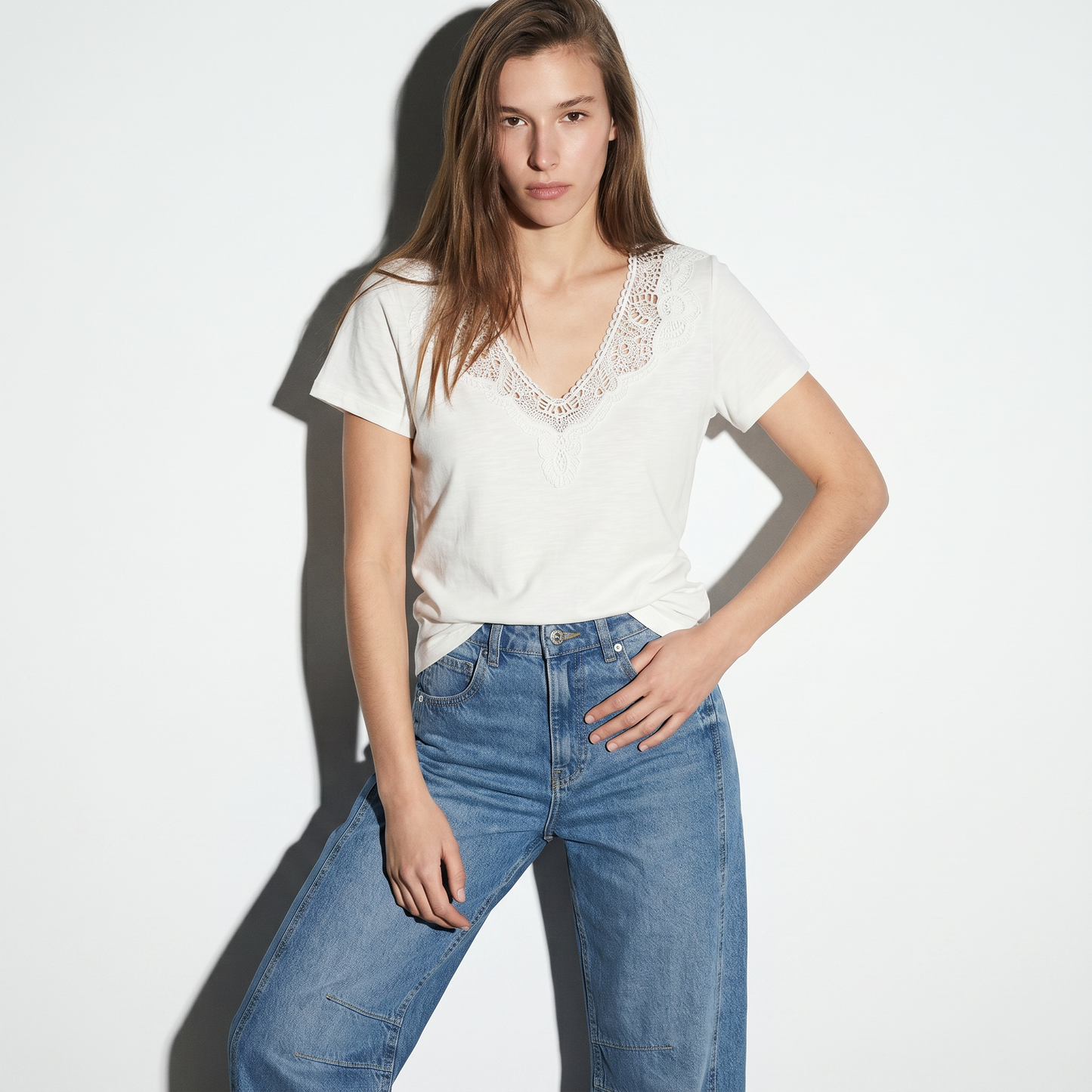 V-Neck T-Shirt with Trimming - White