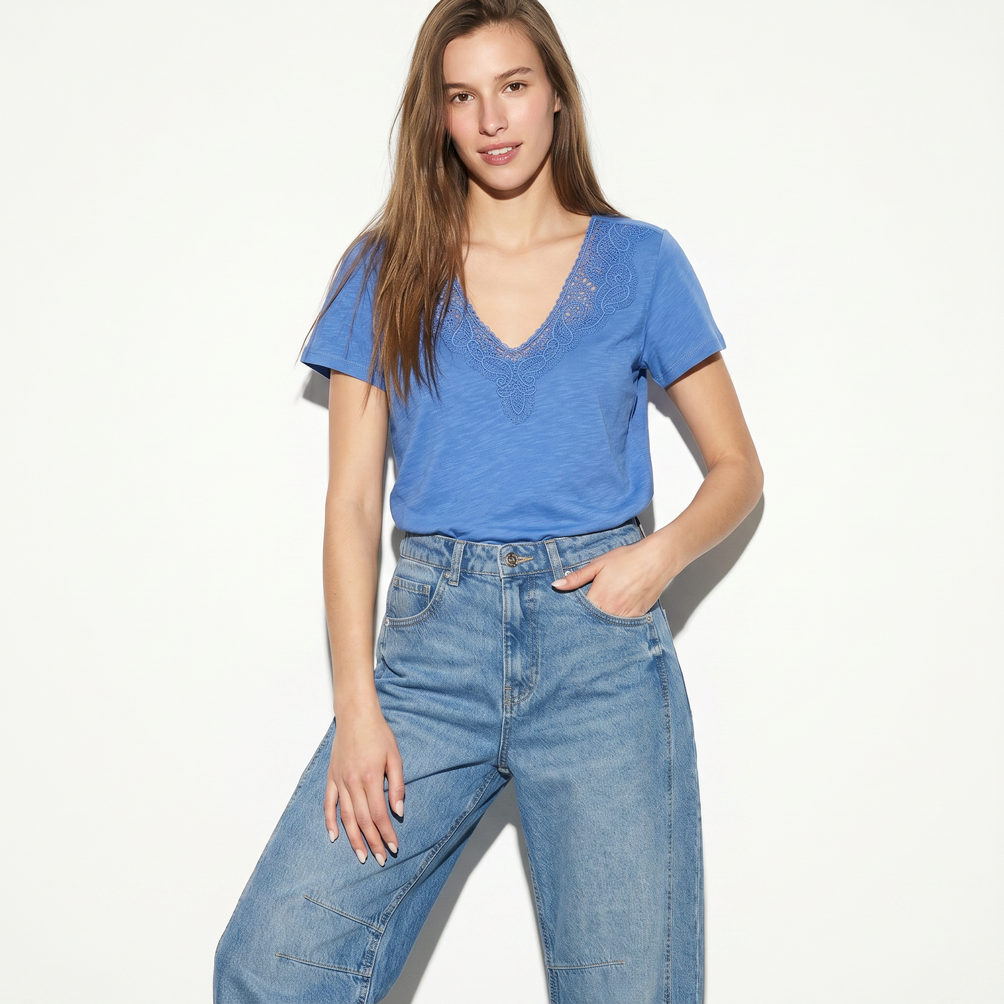 V-Neck T-Shirt with Trimming - Sky blue