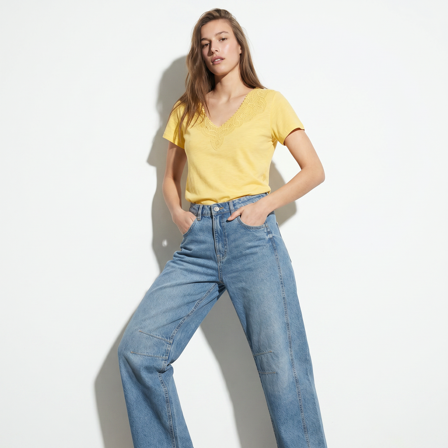 V-Neck T-Shirt with Trimming - Yellow