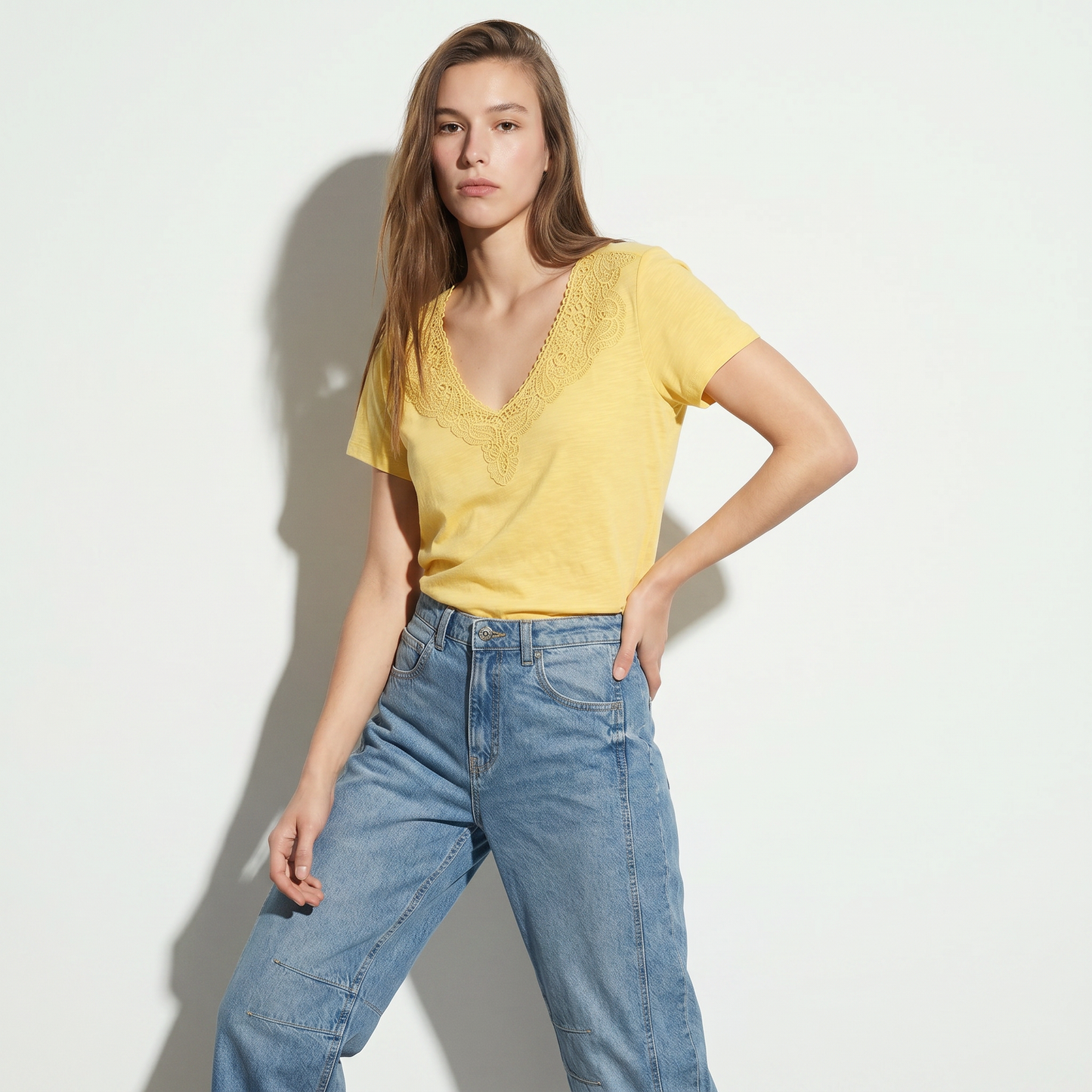 V-Neck T-Shirt with Trimming - Yellow
