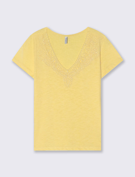 V-Neck T-Shirt with Trimming - Yellow