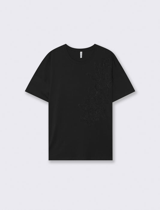 Basic T-shirt with tone-on-tone floral embroidery - Black