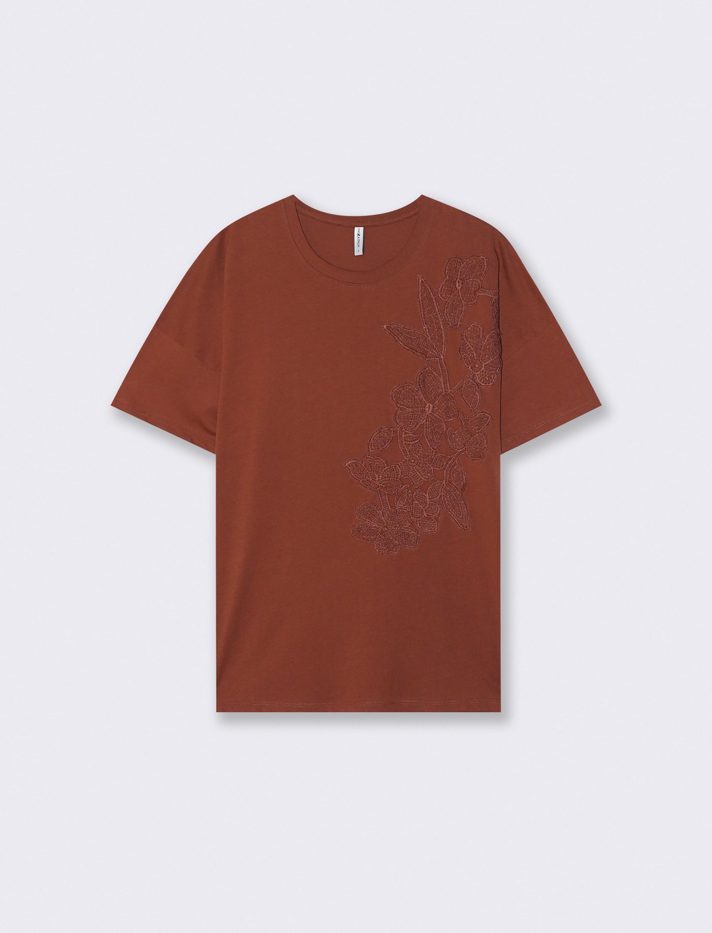 Basic T-shirt with tone-on-tone floral embroidery - Orange