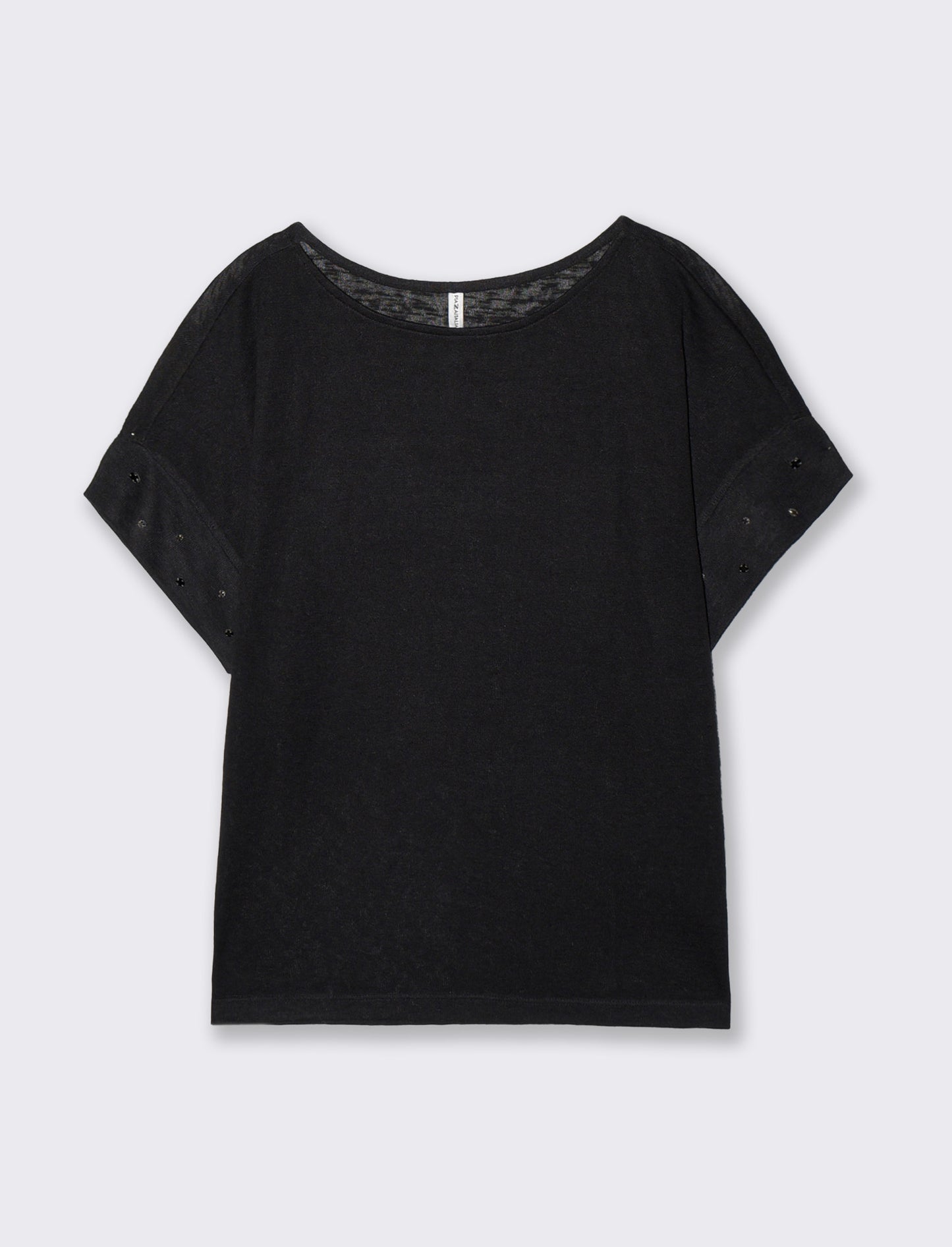 T-Shirt with Rhinestones and Boat Neck - Black