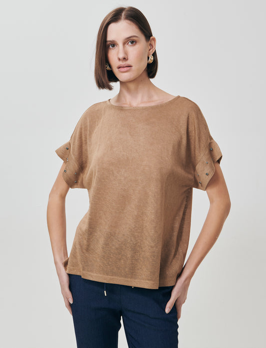 T-Shirt with Rhinestones and Boat Neck - BROWN
