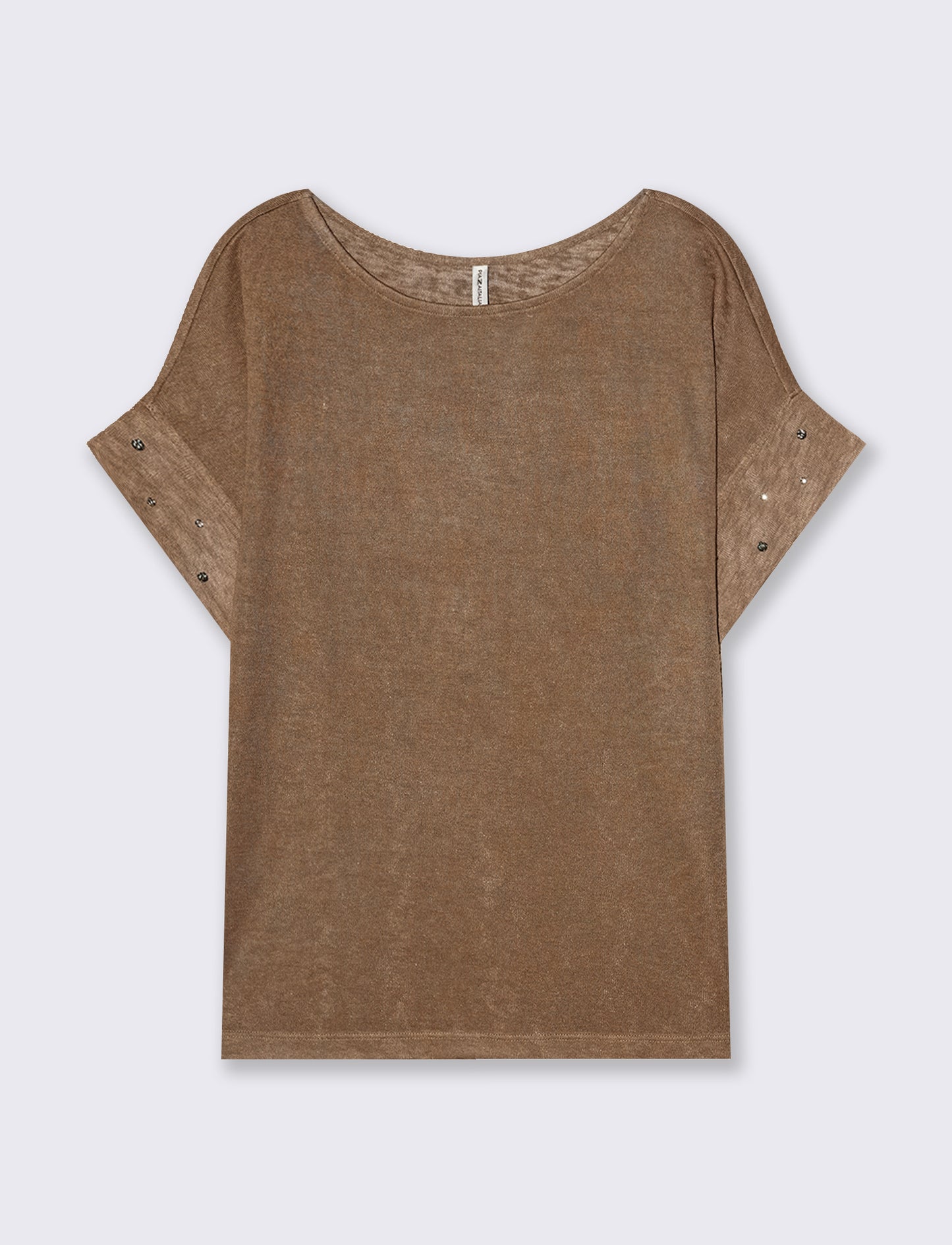 T-Shirt with Rhinestones and Boat Neck - BROWN