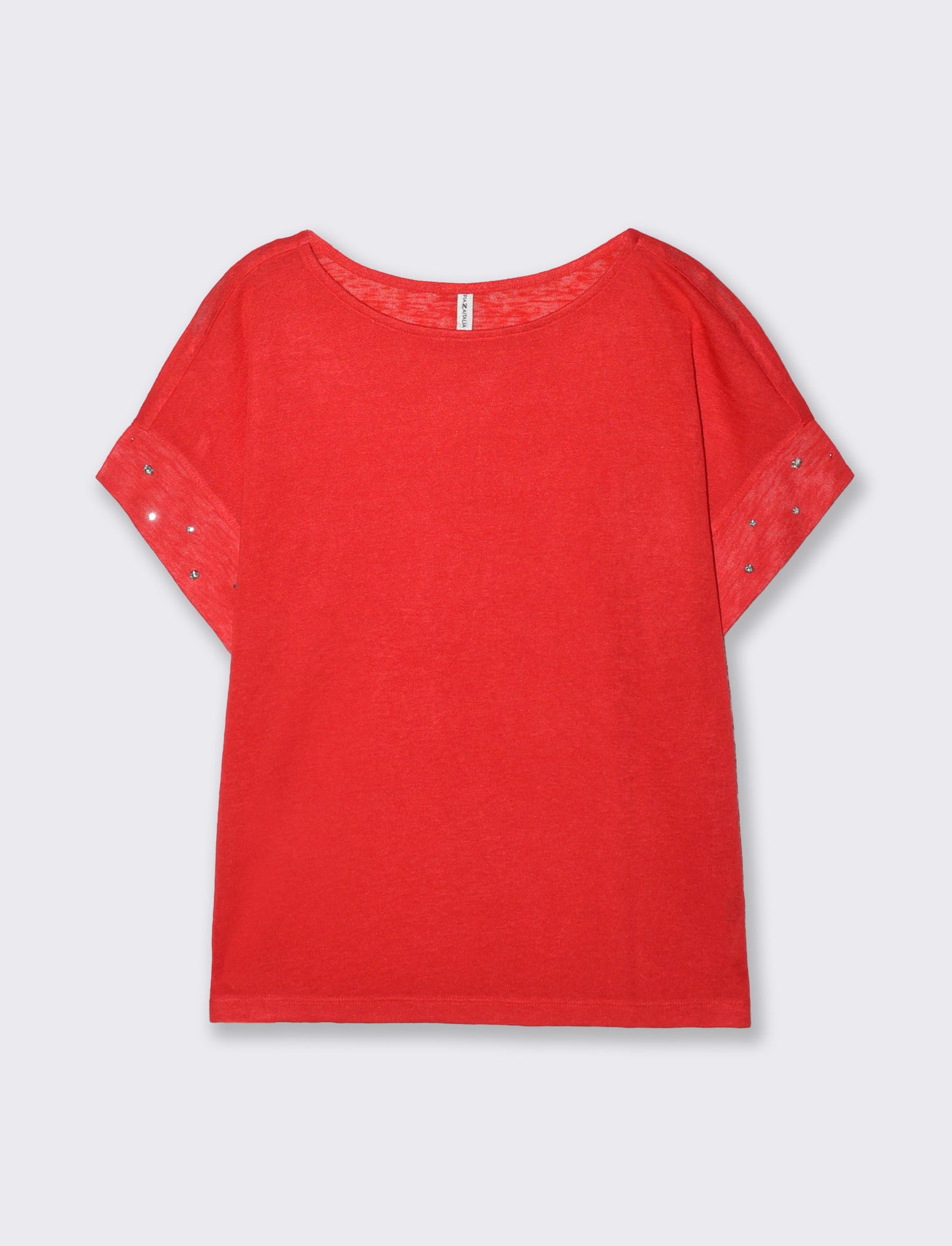 T-Shirt with Rhinestones and Boat Neck - Orange