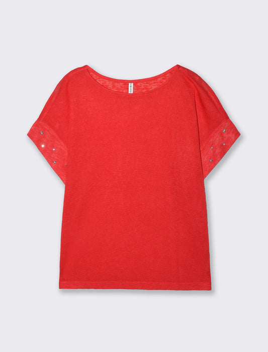 T-Shirt with Rhinestones and Boat Neck - Orange