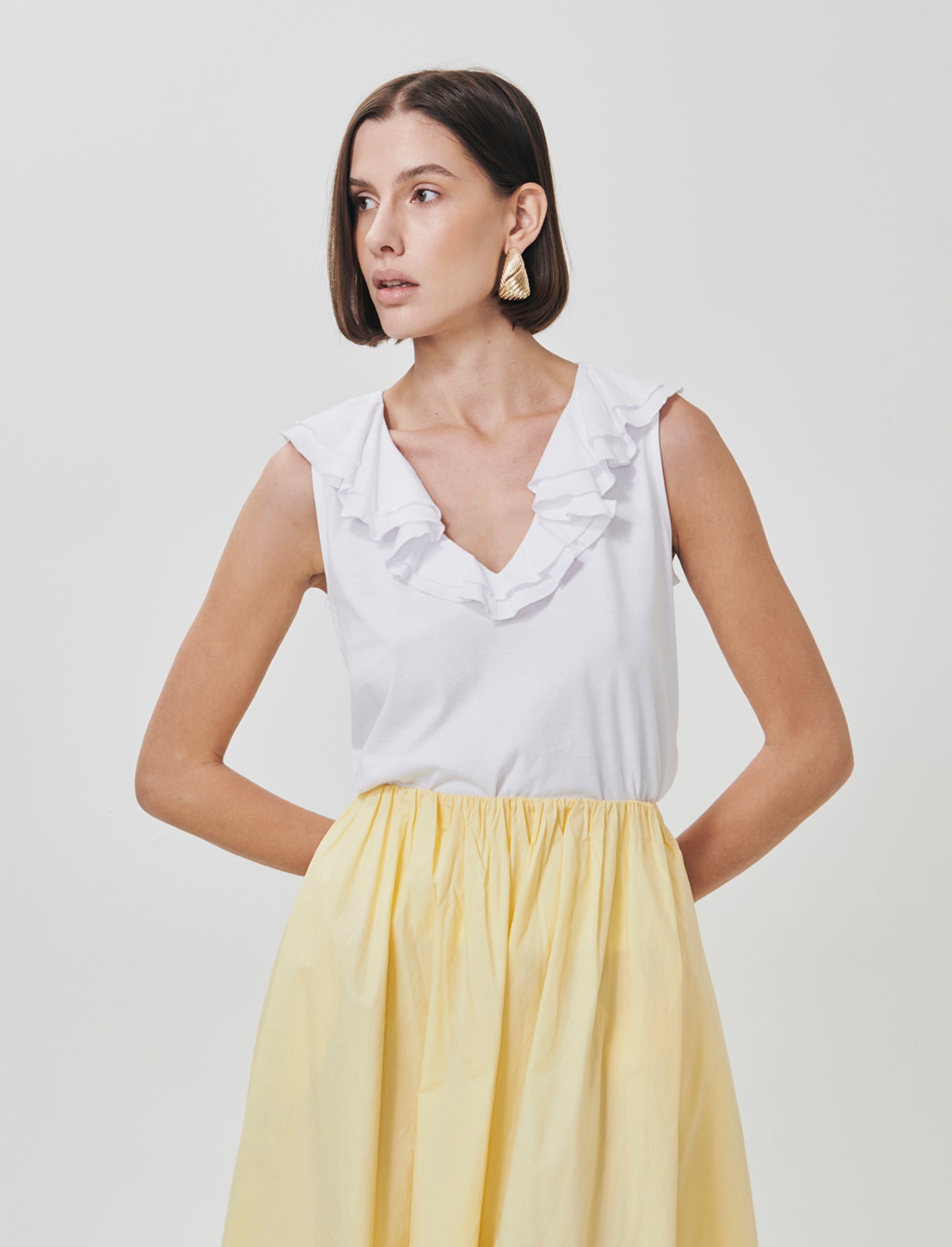T-shirt in cotone con rouche V - Bianco