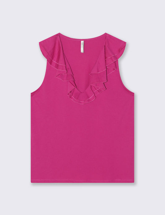 T-shirt in cotone con rouche V - Fuxia