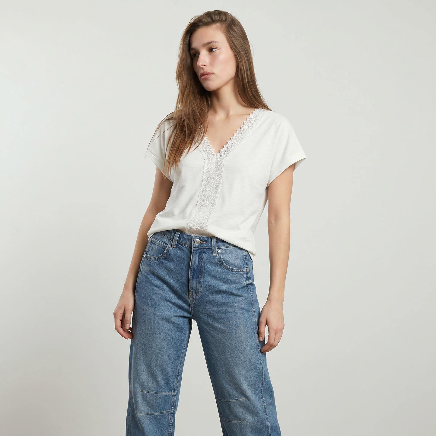 T-Shirt in Cotone con Passamaneria e Pizzo - Avorio