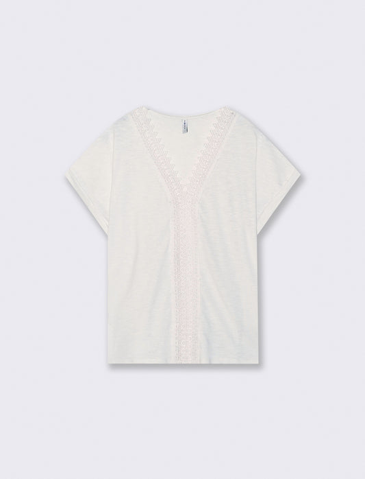 T-Shirt in Cotone con Passamaneria e Pizzo - Avorio