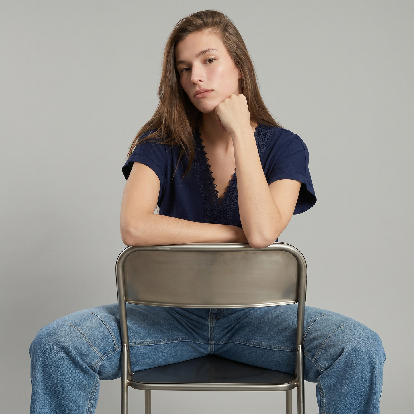 T-Shirt in Cotone con Passamaneria e Pizzo - Blu