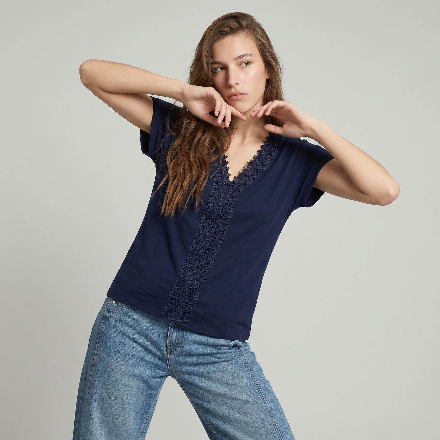 T-Shirt in Cotone con Passamaneria e Pizzo - Blu
