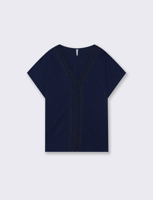 T-Shirt in Cotone con Passamaneria e Pizzo - Blu