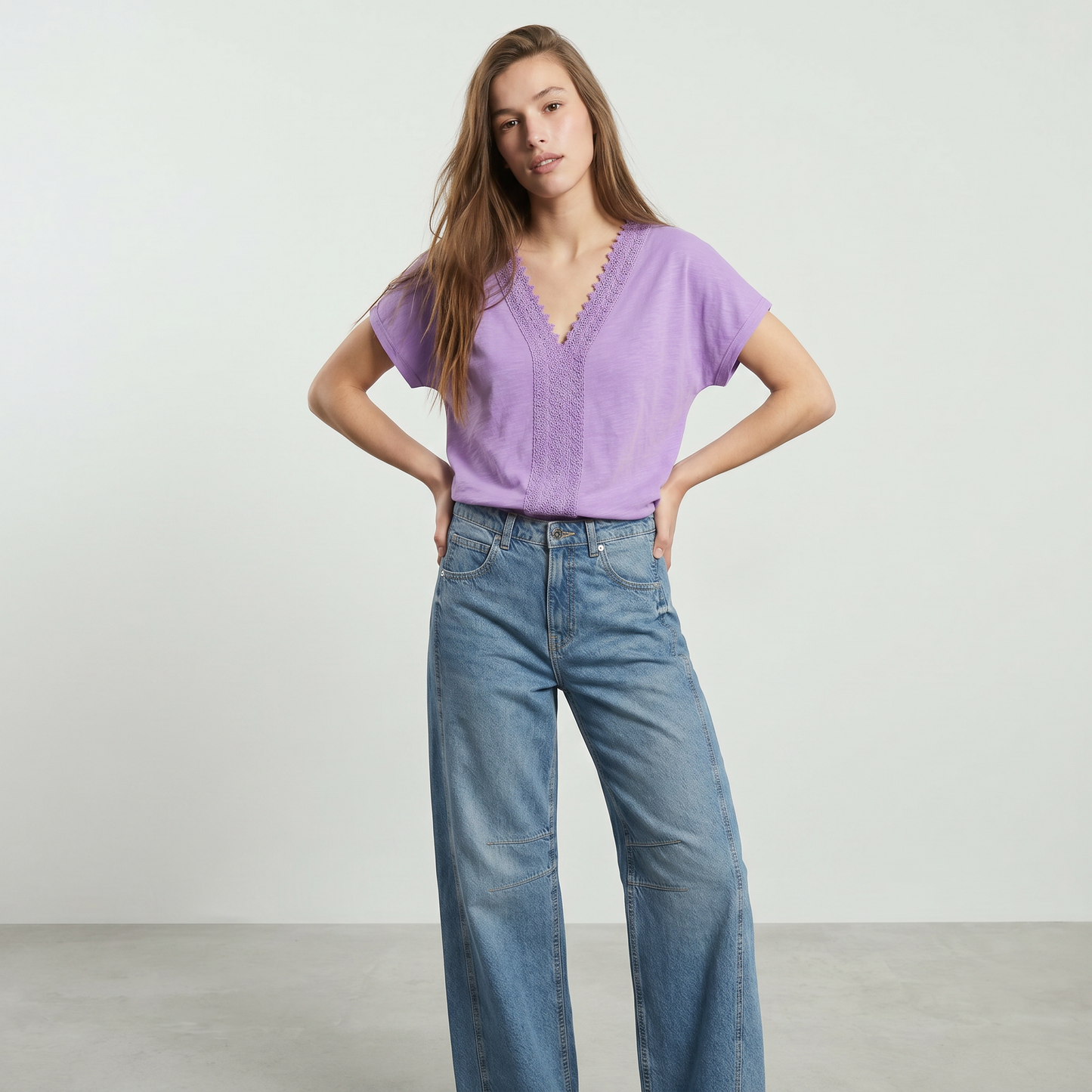 T-Shirt in Cotone con Passamaneria e Pizzo - Viola malva