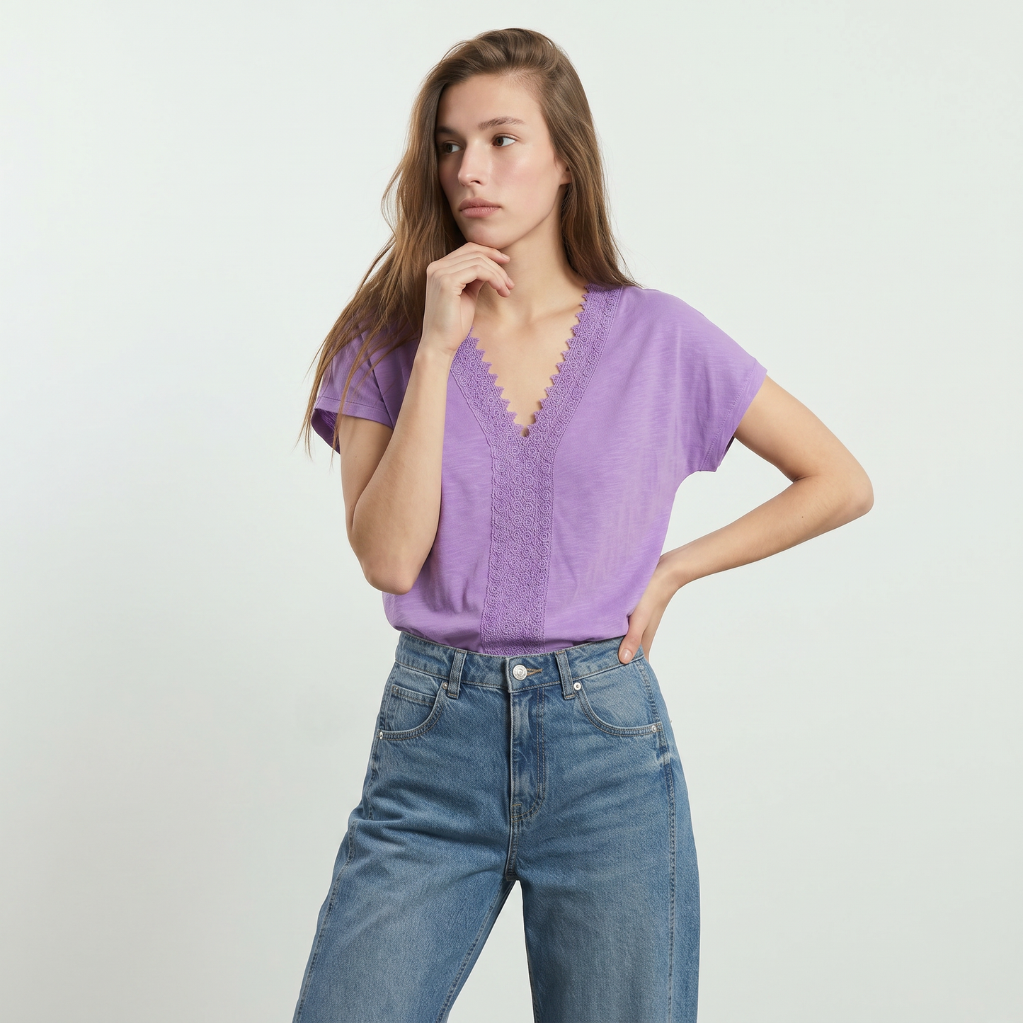 T-Shirt in Cotone con Passamaneria e Pizzo - Viola malva