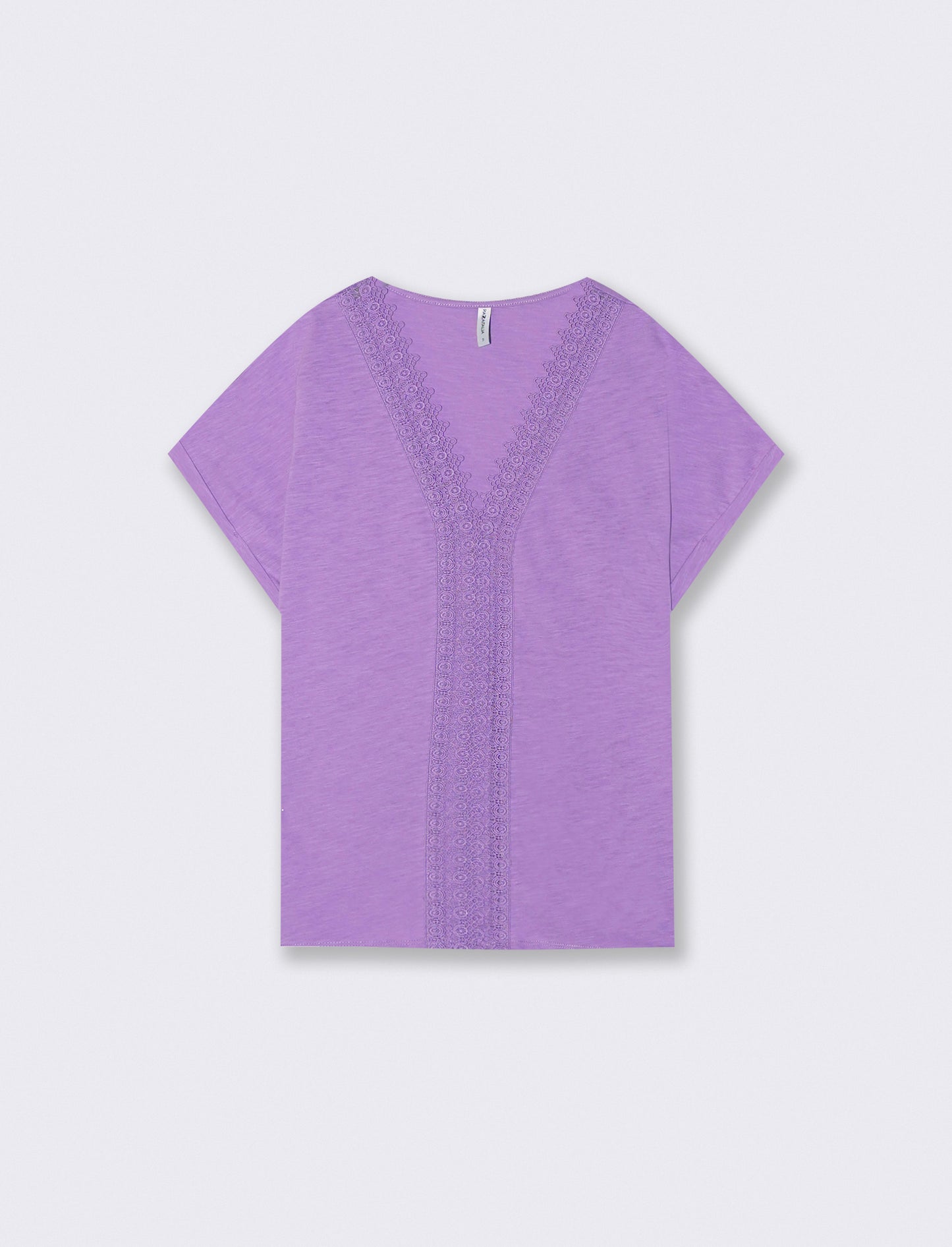 T-Shirt in Cotone con Passamaneria e Pizzo - Viola malva