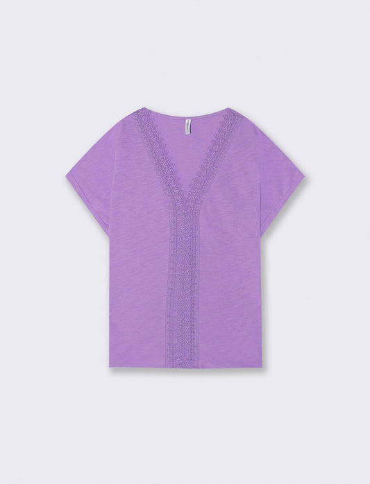 T-Shirt in Cotone con Passamaneria e Pizzo - Viola malva