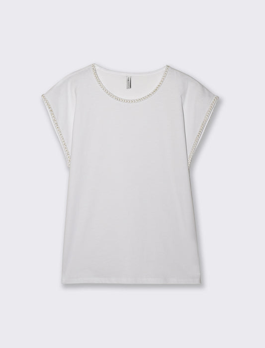 Cotton Short Sleeve T-Shirt with Trim - White