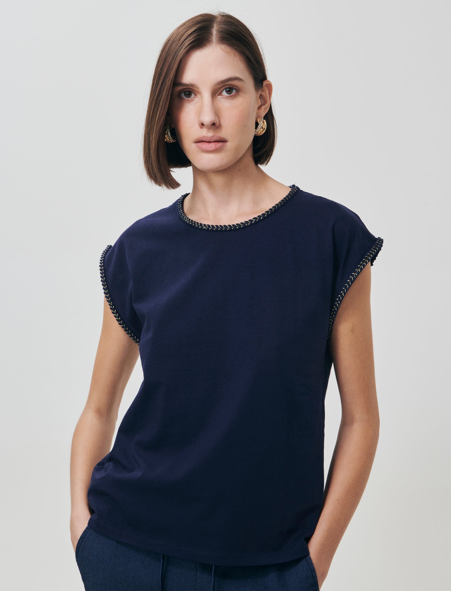 Cotton Short Sleeve T-Shirt with Trim - Blue