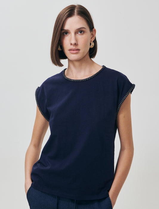 Cotton Short Sleeve T-Shirt with Trim - Blue