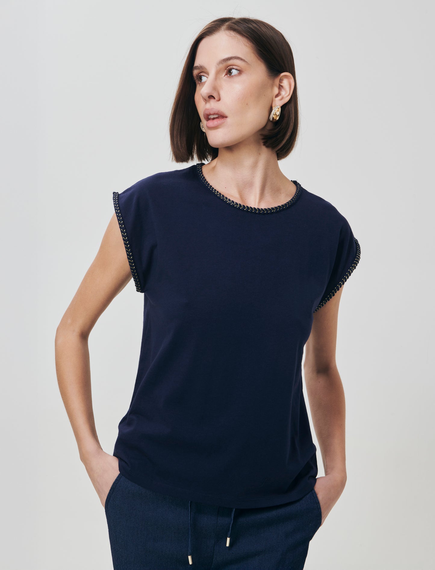 Cotton Short Sleeve T-Shirt with Trim - Blue
