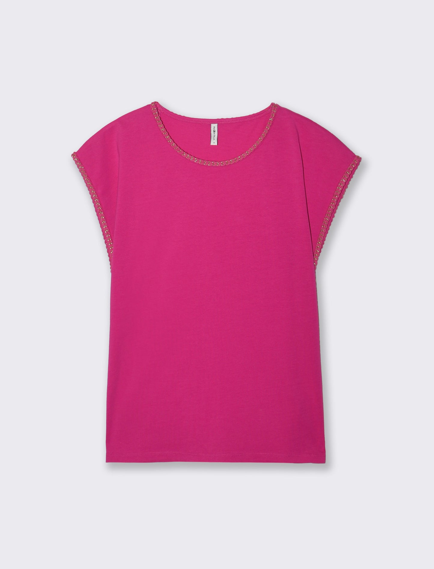 Cotton Short Sleeve T-Shirt with Trim - Fuxia