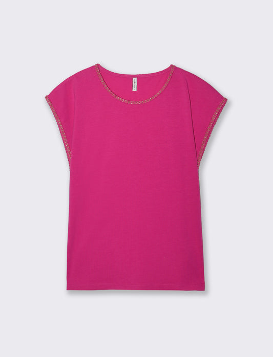 T-Shirt Cotone Manica Corto con Trim - Fuxia