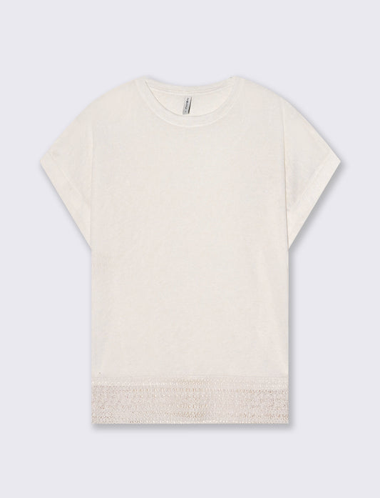T-Shirt Manica Corta con Pizzo e Risvolto - Avorio