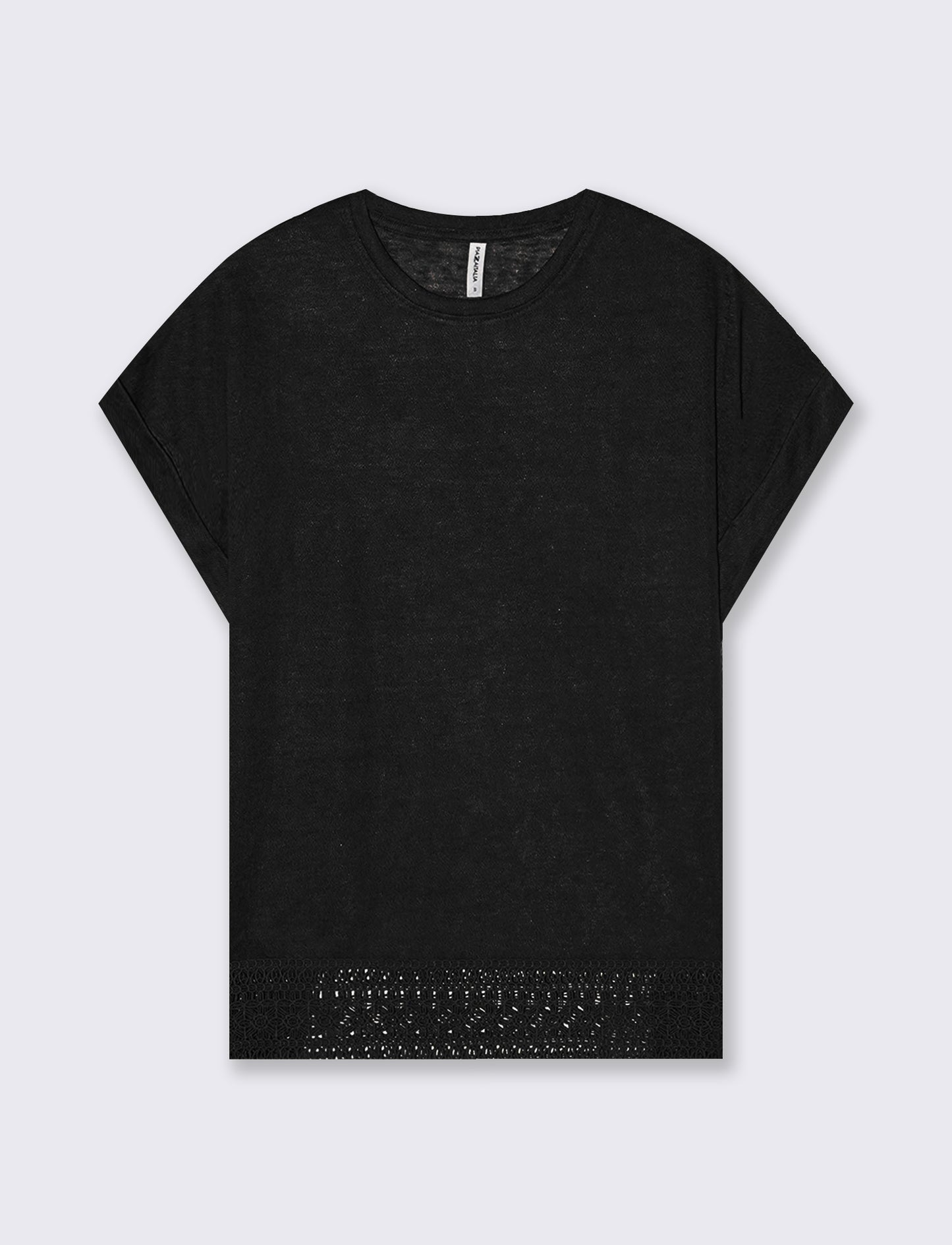 T-Shirt Manica Corta con Pizzo e Risvolto - Nero