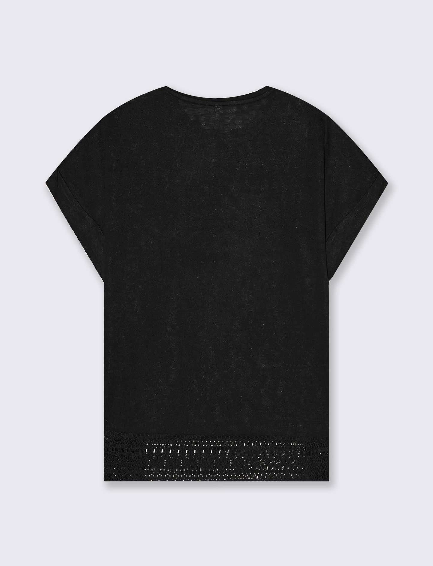 T-Shirt Manica Corta con Pizzo e Risvolto - Nero