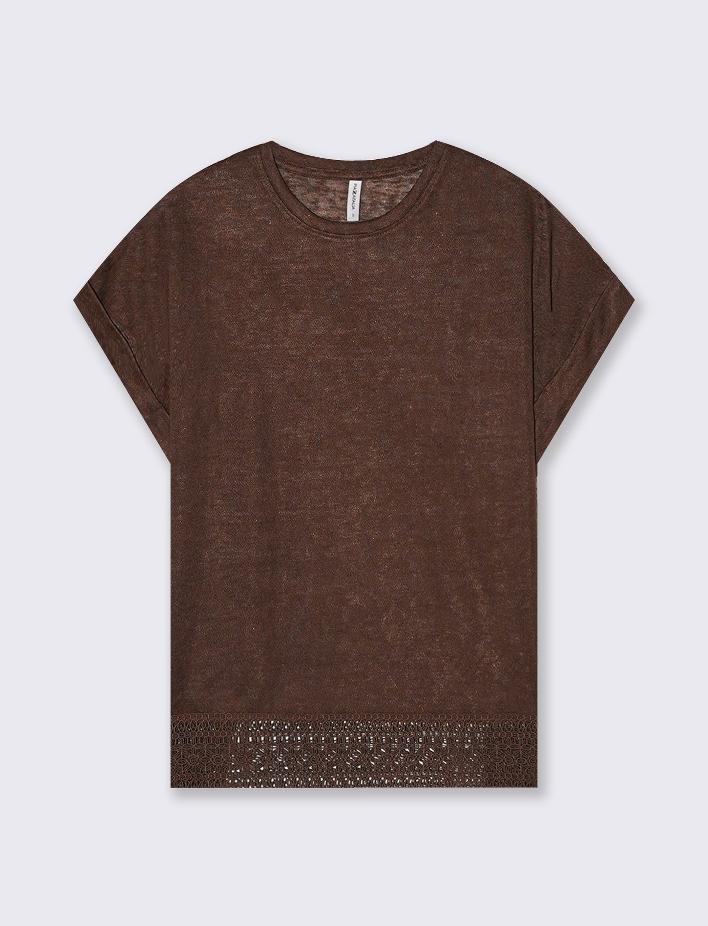 T-Shirt Manica Corta con Pizzo e Risvolto - Marrone cioccolato