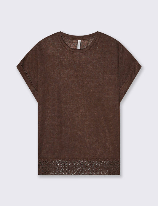 T-Shirt Manica Corta con Pizzo e Risvolto - Marrone cioccolato