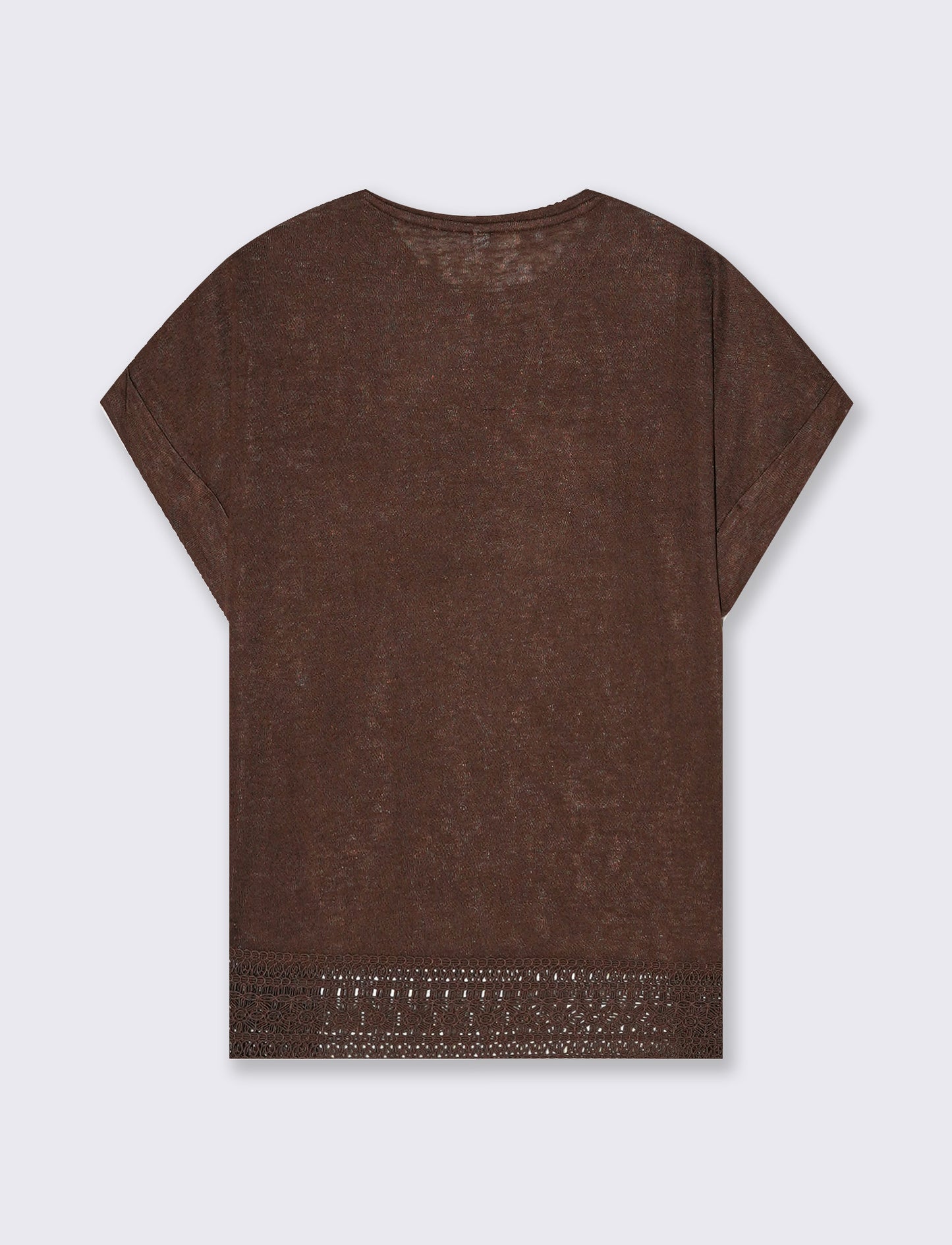 T-Shirt Manica Corta con Pizzo e Risvolto - Marrone cioccolato