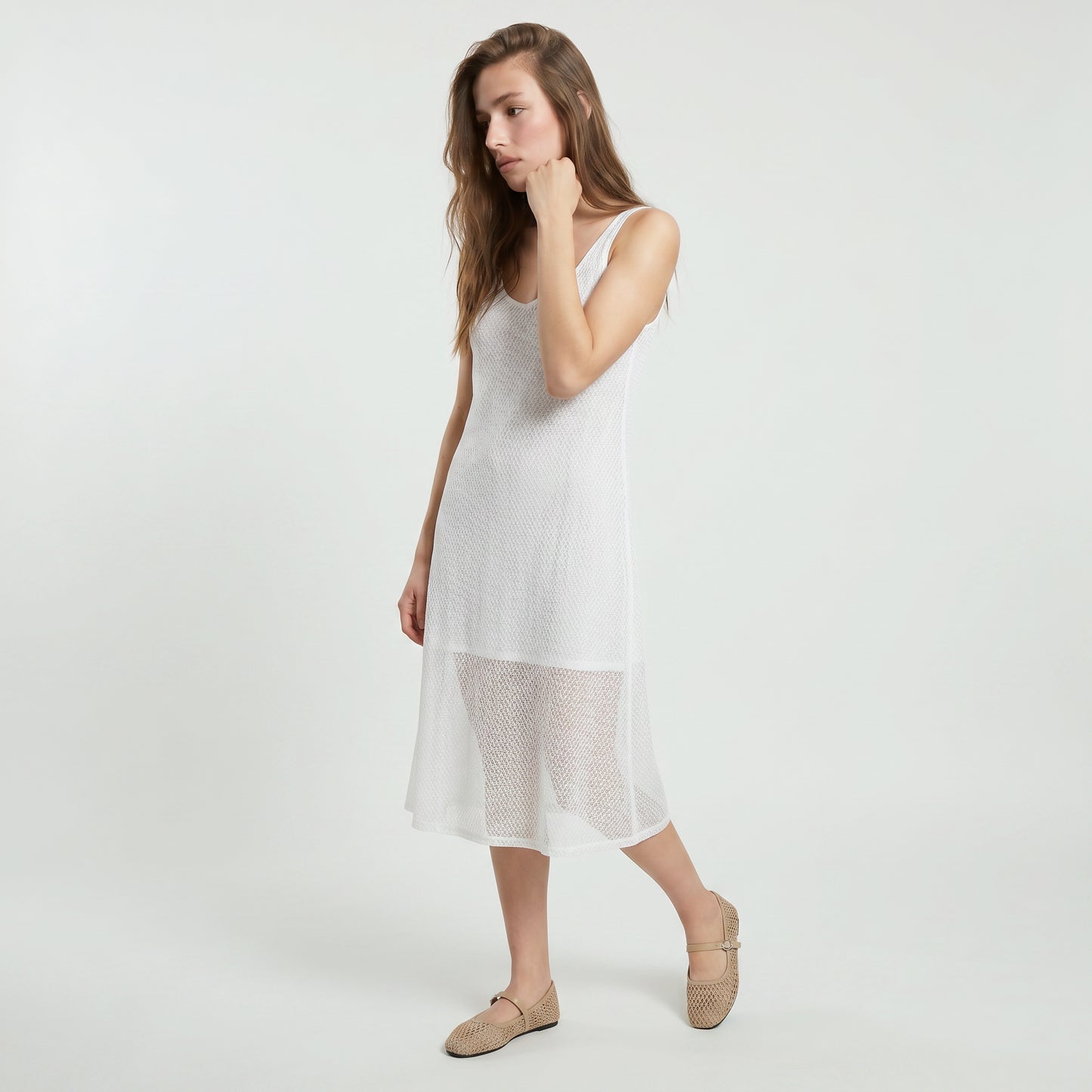 Vestito lungo smanicato con scollo a V - Bianco