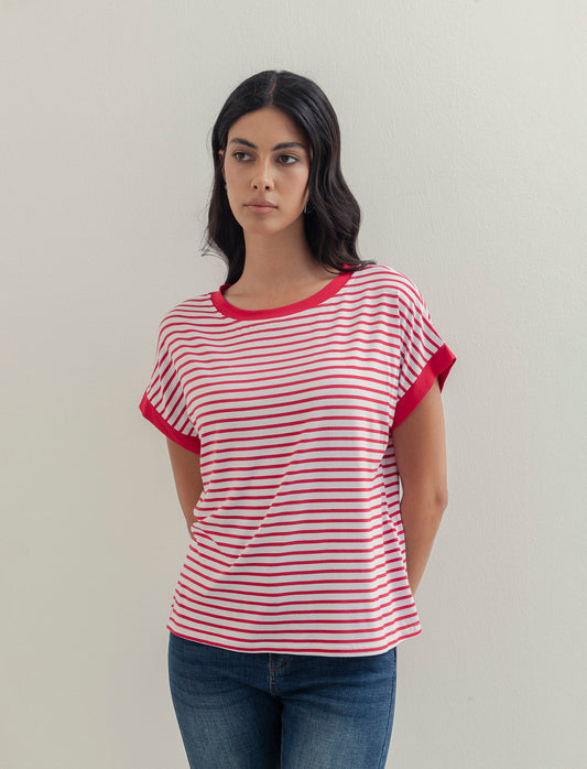 tshirt in viscosa rigata - bian-rosso