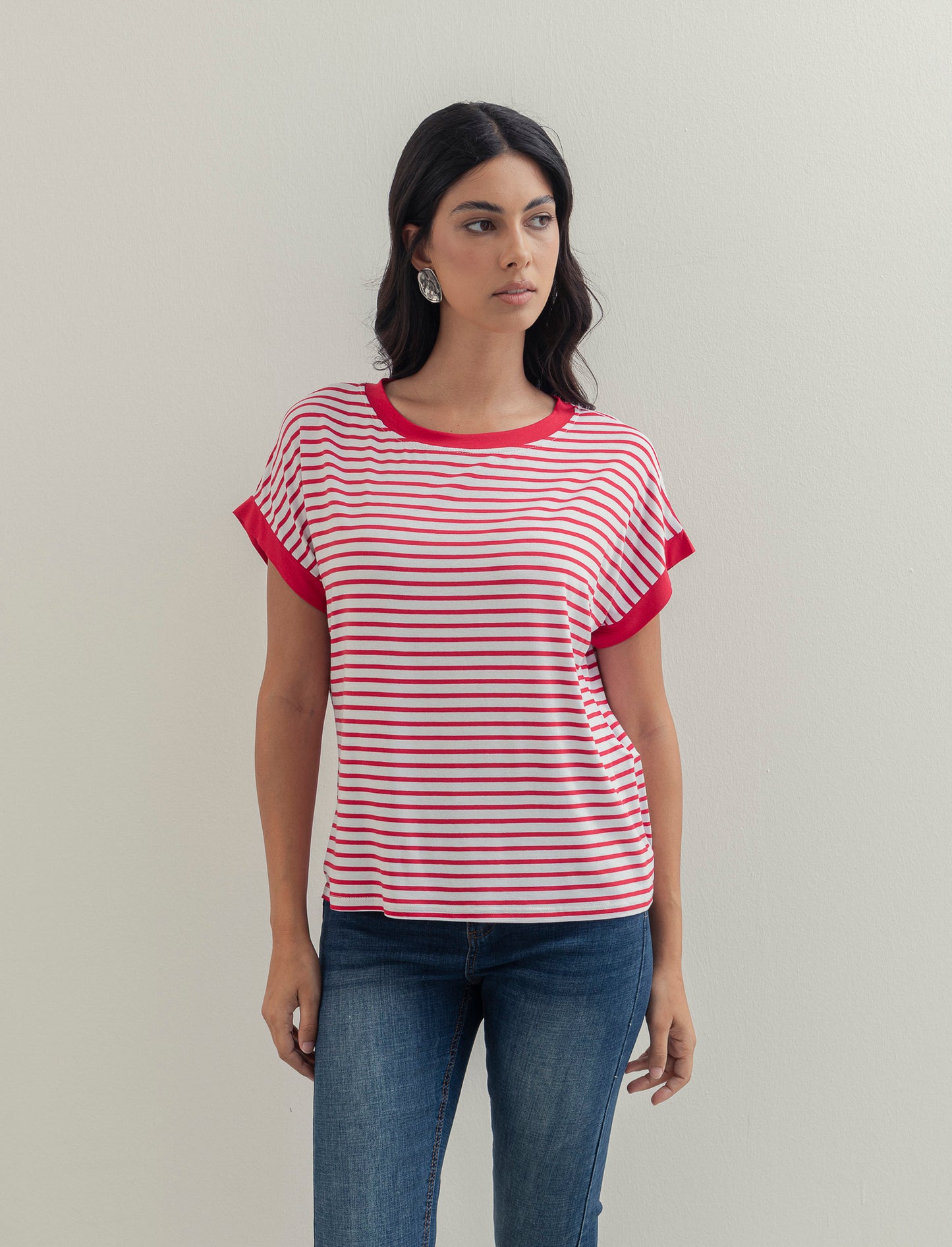 tshirt in viscosa rigata - bian-rosso
