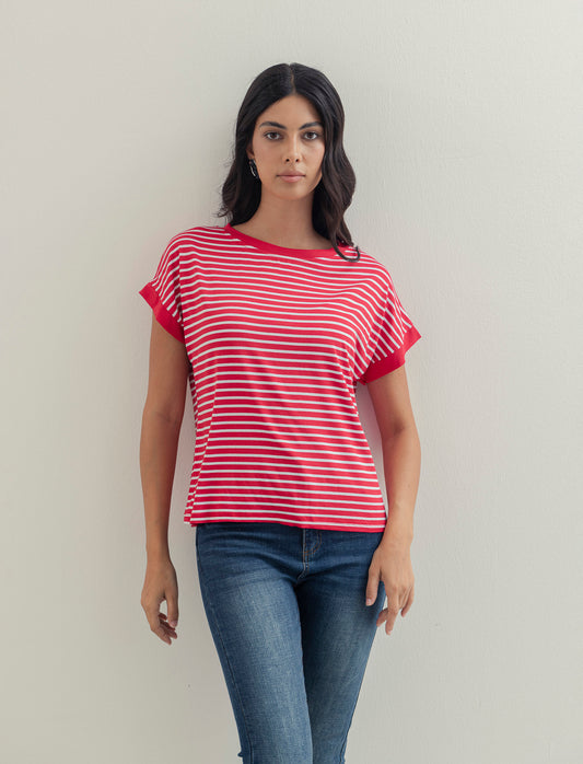 tshirt in viscosa rigata - Rosso-bianco